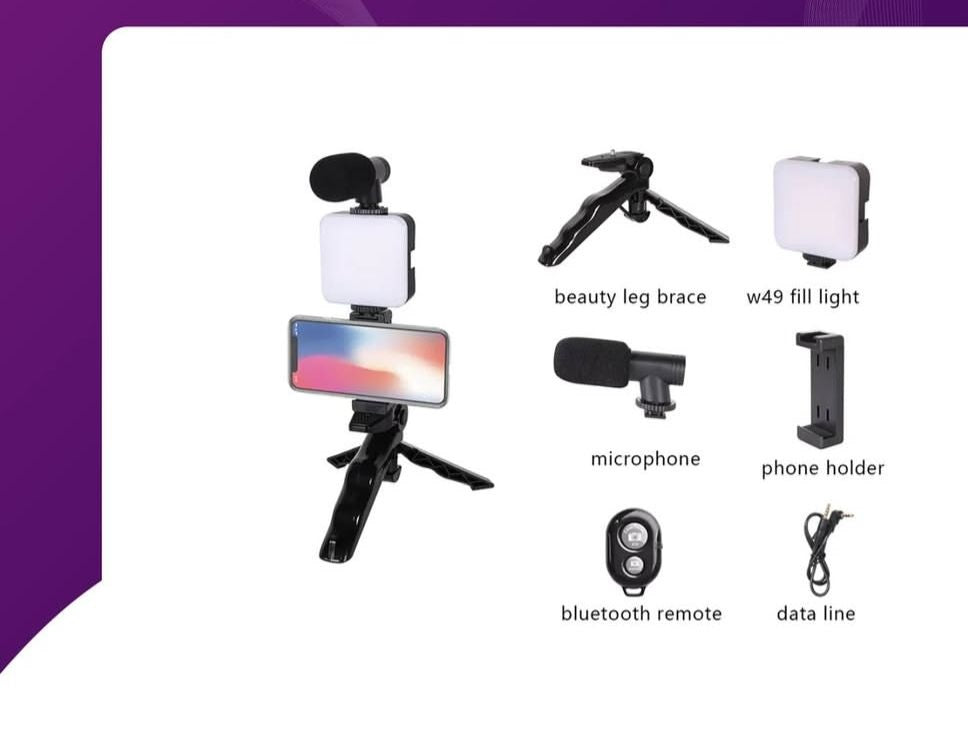 Professional vlogging kit smart phone with Tripod, Mic, LED Light & Wireless Remote for Smartphones