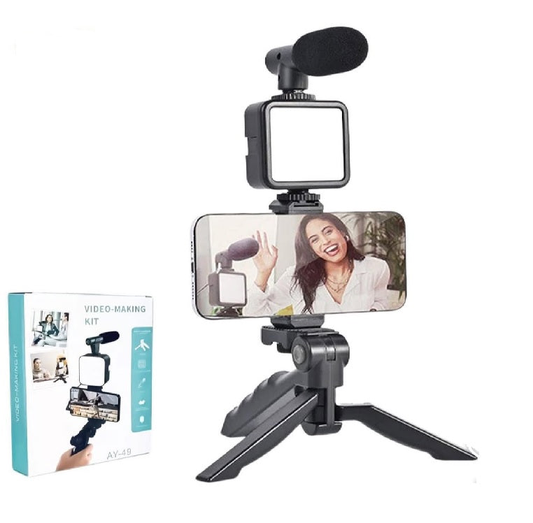 Professional vlogging kit smart phone with Tripod, Mic, LED Light & Wireless Remote for Smartphones