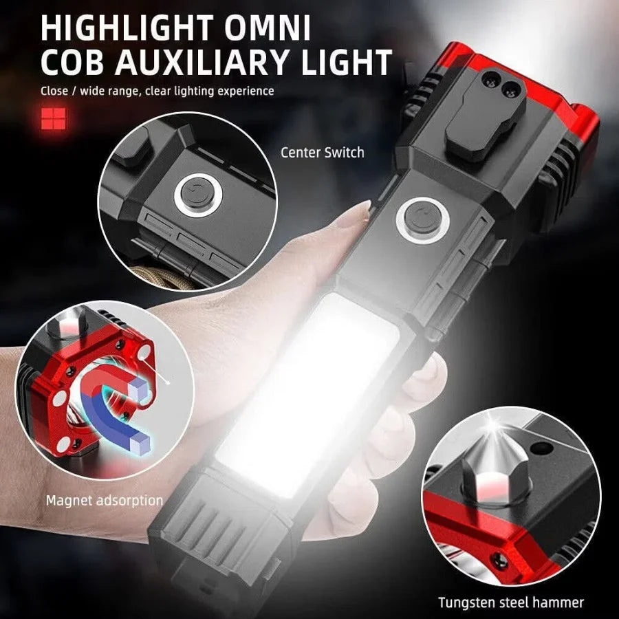 High-power Led Torch Light Rechargeable Flashlight And Multi Functional Tactical Hammer & Power Bank To Charge The Phone With Box ( Random Color )