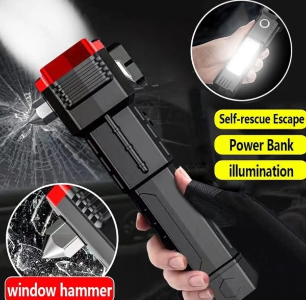 High-power Led Torch Light Rechargeable Flashlight And Multi Functional Tactical Hammer & Power Bank To Charge The Phone With Box ( Random Color )